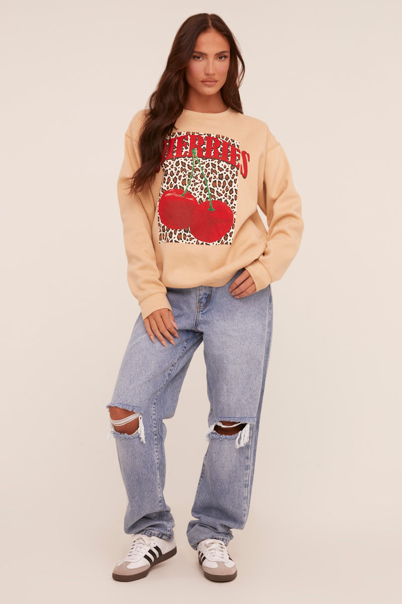 Beige Cherry Print Oversized Sweatshirt | Tops | Rebellious Fashion