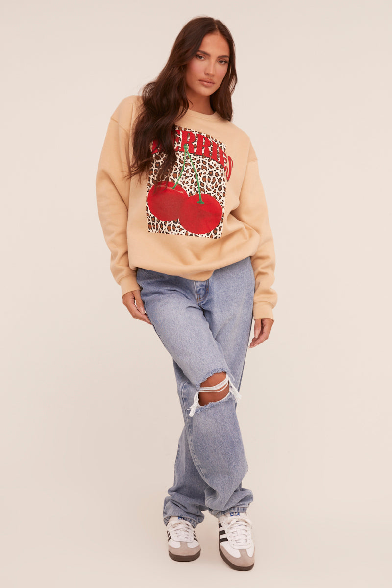 Beige Cherry Print Oversized Sweatshirt | Tops | Rebellious Fashion