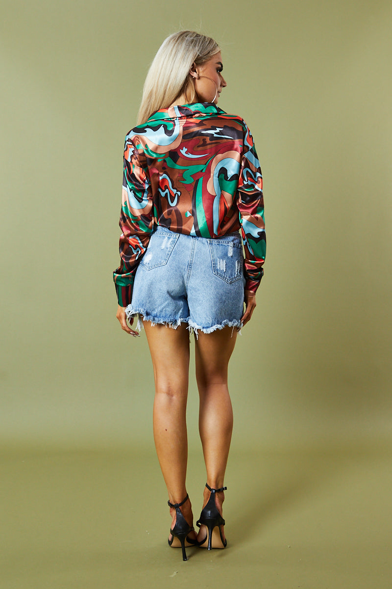 Abstract Print Satin Shirt