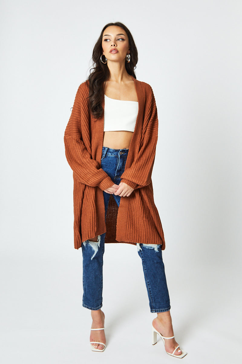 Balloon Sleeve Longline Knit Cardigan