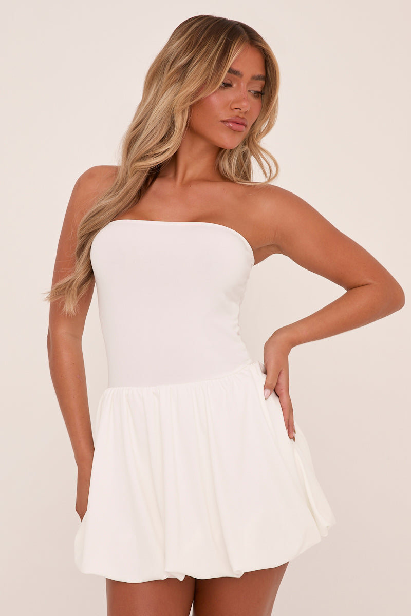 White Bandeau Drop Waist Puffball Detail Mini Dress | Dresses | Rebellious Fashion SheOnlyWears White Bandeau Drop Waist Puffball Detail Mini Dress | Dresses | Rebellious Fashion SheOnlyWears