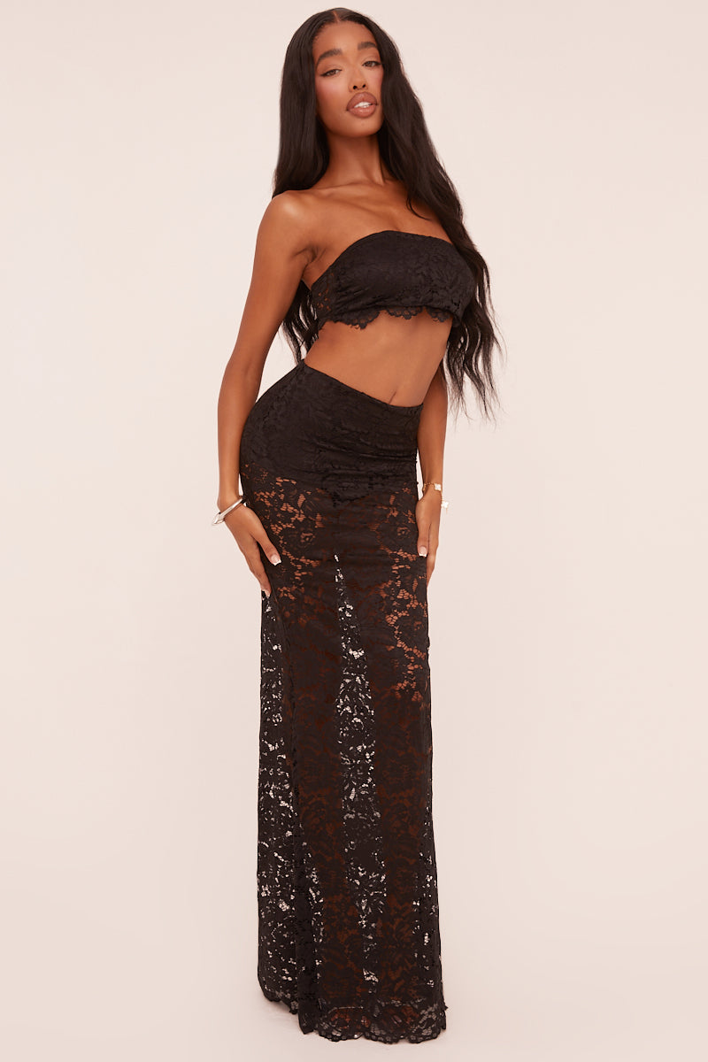 Black Lace Bandeau Cropped Top & Maxi Skirt Co-ord Set | Co-Ords | Rebellious Fashion