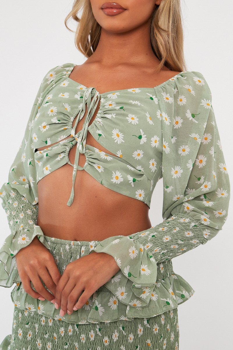 Mint Floral Print Lace Up Crop Top + Shirred Skirt Set - Adelei-Co-ords