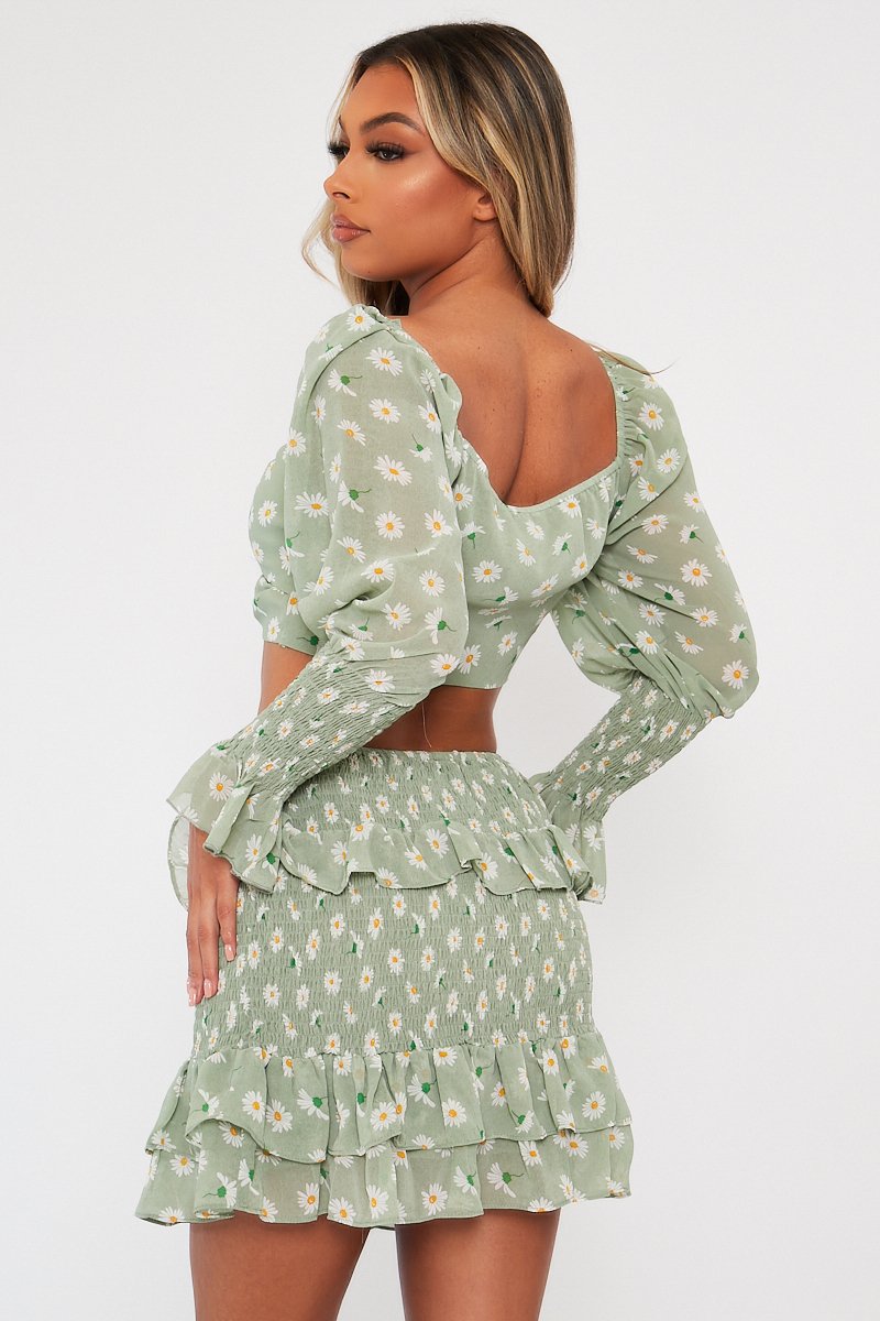 Mint Floral Print Lace Up Crop Top + Shirred Skirt Set - Adelei-Co-ords