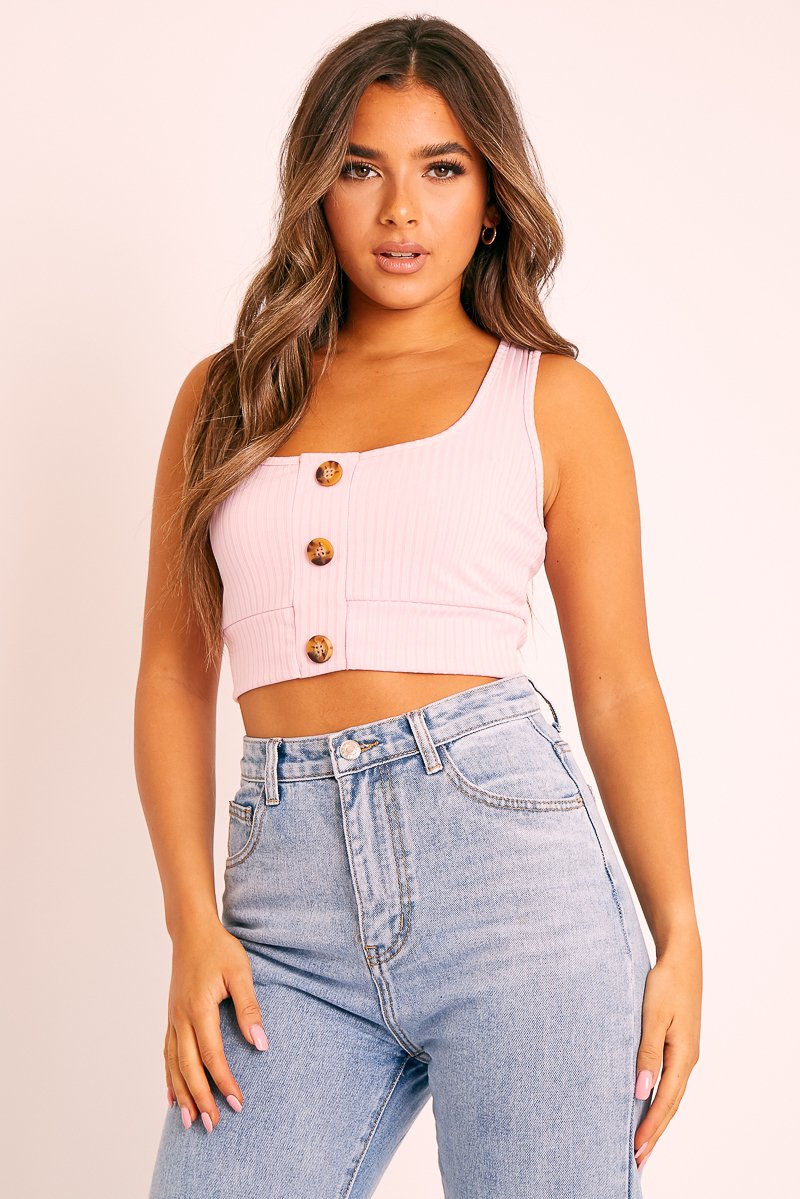 Pink Ribbed Button Front Crop Top - Brihana-Tops