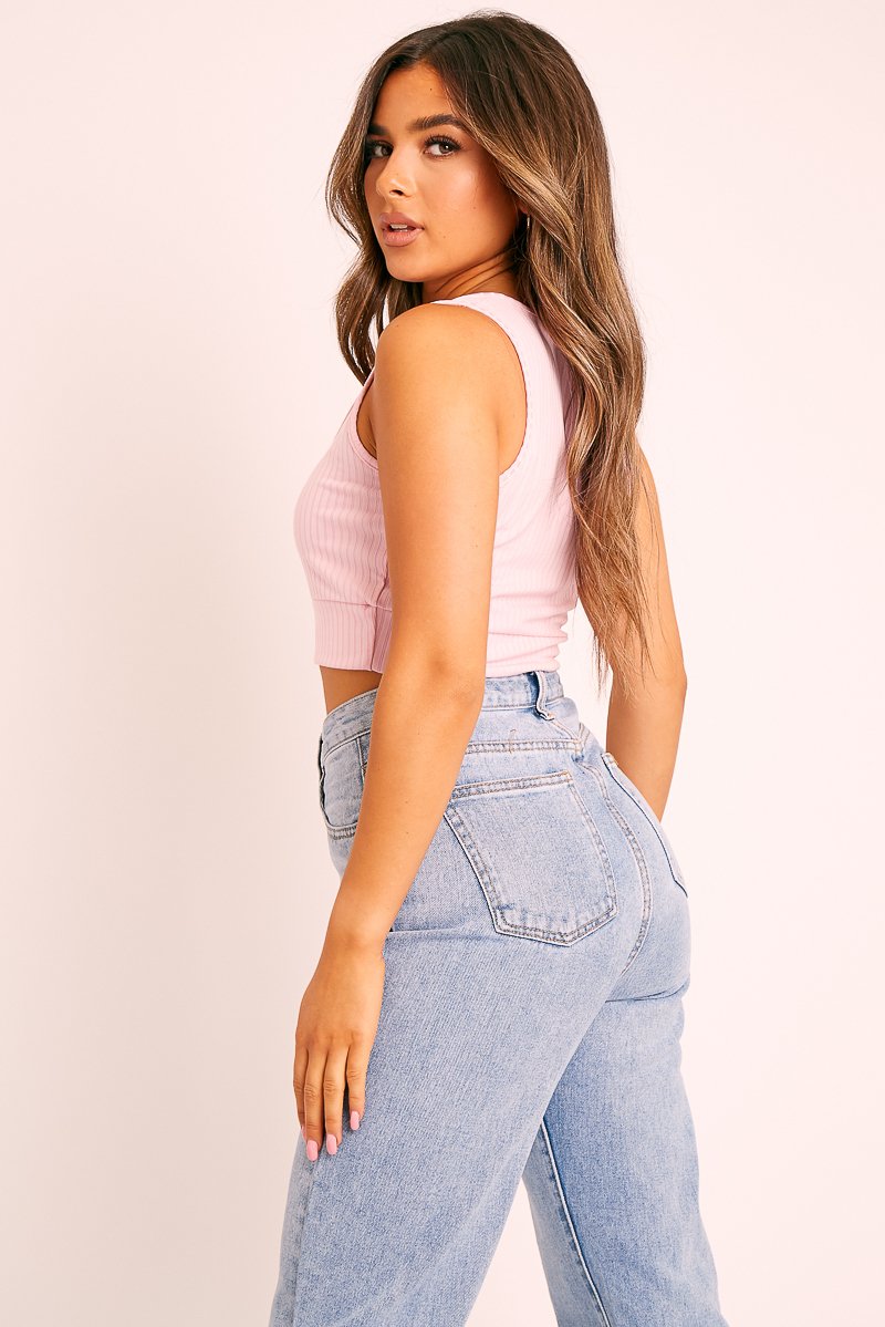 Pink Ribbed Button Front Crop Top - Brihana-Tops