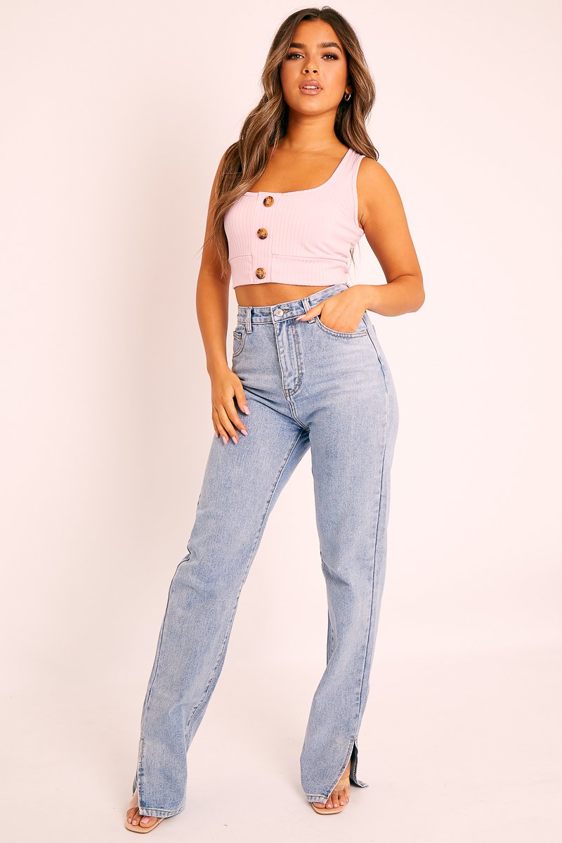 Pink Ribbed Button Front Crop Top - Brihana-Tops