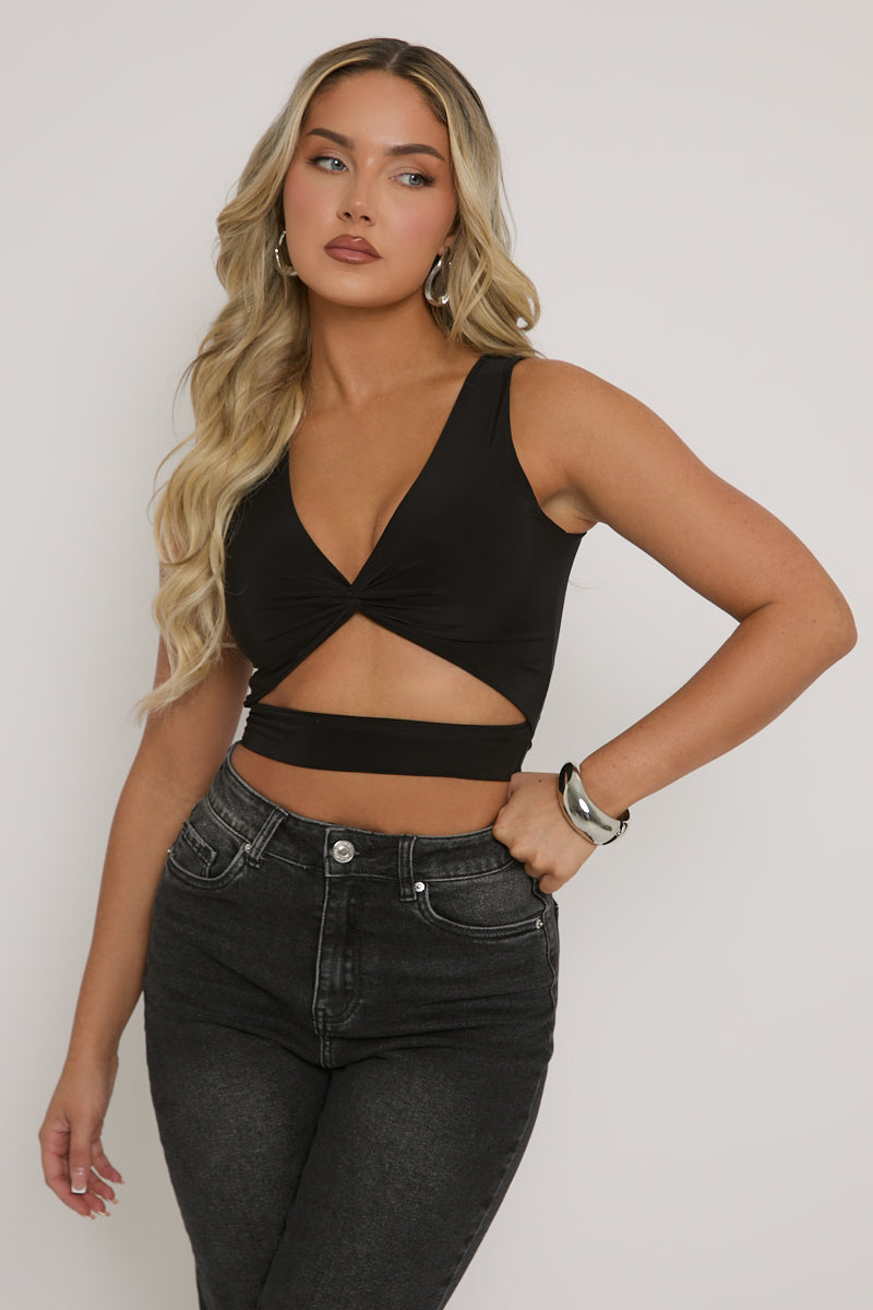 Black Twist Front Cut Out Crop Top | Tops | Rebellious Fashion