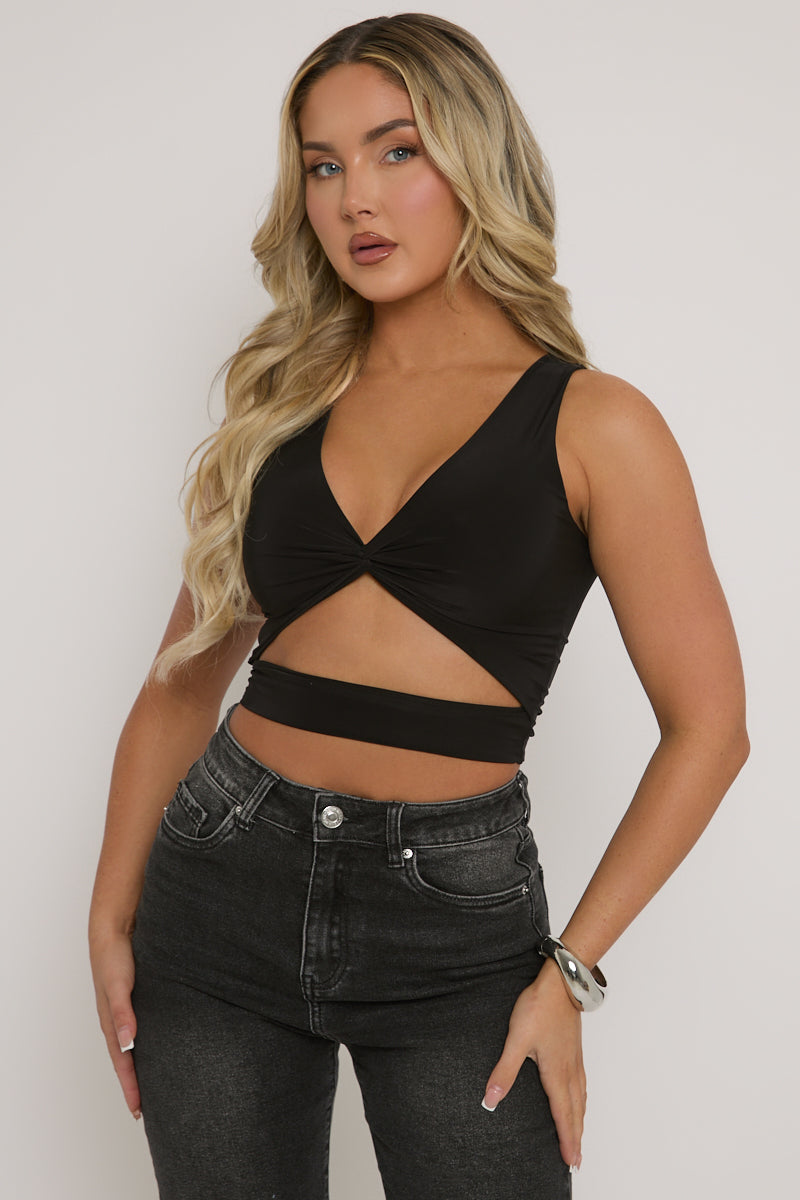 Black Twist Front Cut Out Crop Top | Tops | Rebellious Fashion