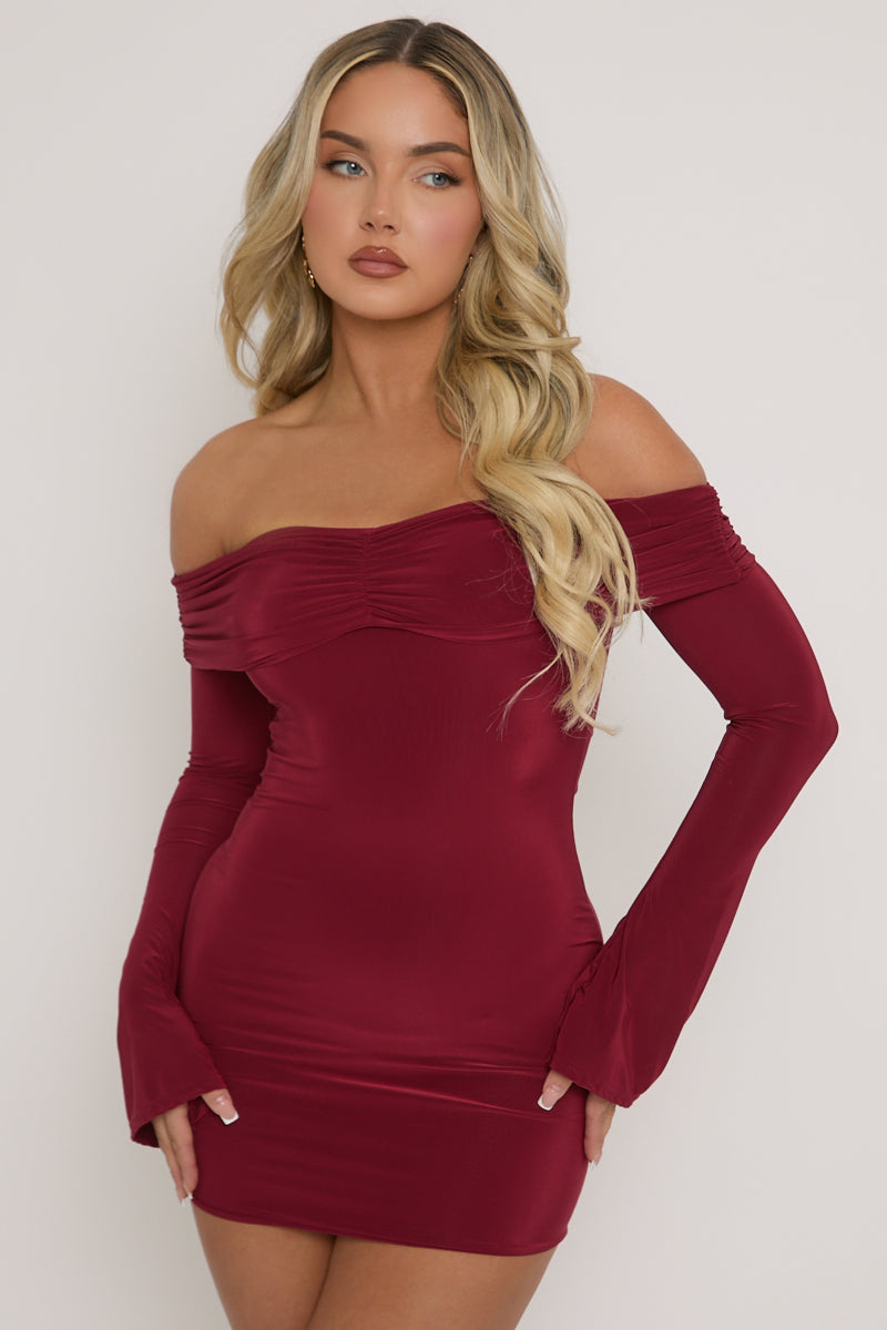 Wine Fold Over Bardot Mini Dress | Dresses