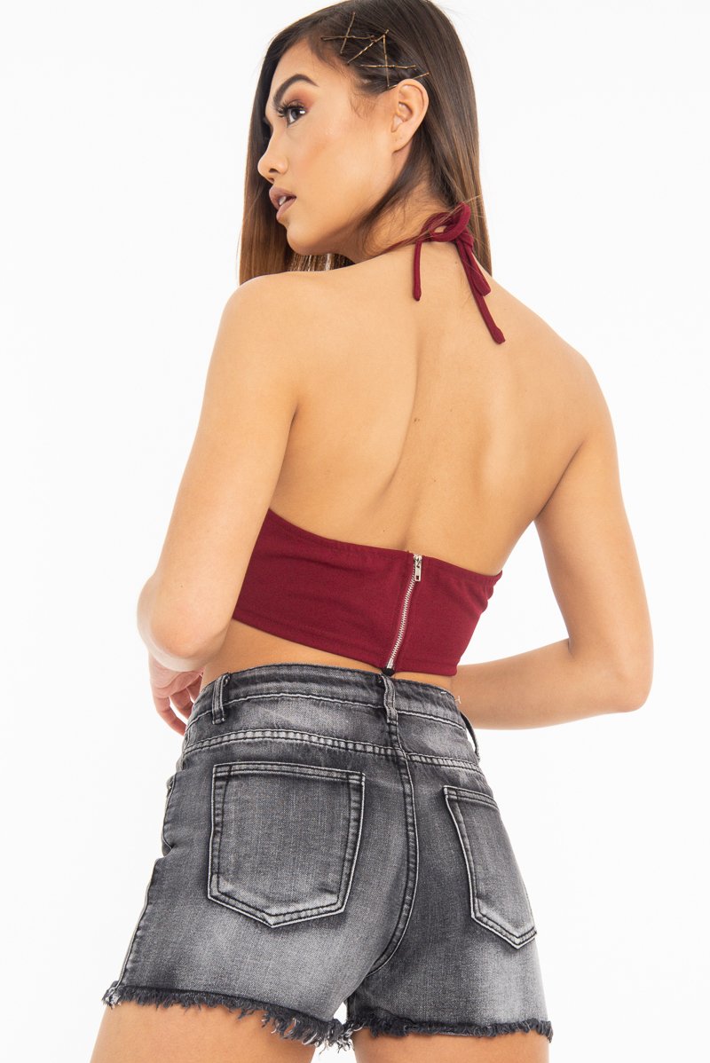 Wine Sequin Halter Neck Split Front Crop Top - Reese-Crop Tops